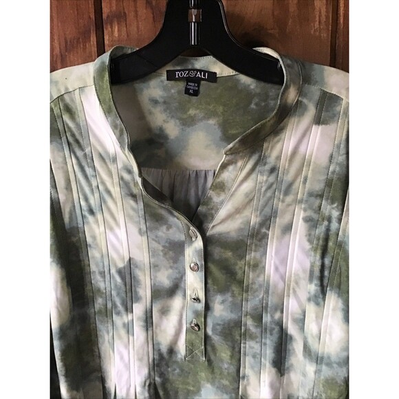 Fox & Ali Woman Top Size XL Green Tie Dye Tunic Ruched Long Sleeve Boho - Picture 2 of 8